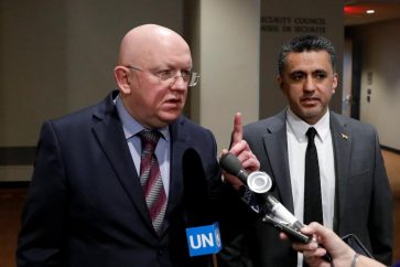 Russian Ambassador to the United Nations Vassily Nebenzia and Bolivia's Ambassador to the United Nations Sacha Sergio Llorenty Soliz speak to the media outside Security Council chambers at the U.N. headquarters in New York