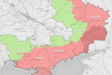 Carte de l'Ukraine: En rouge, les zones conquises. En vert, les zones de combat