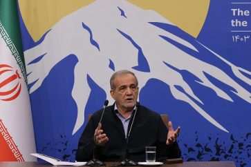 Iran's President Masoud Pezeshkian holds a press conference in Tehran on September 16, 2024. (Photo by ATTA KENARE / AFP)